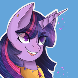 Size: 2048x2048 | Tagged: safe, artist:simulacrea, twilight sparkle, alicorn, pony, g4, blue background, bust, eye clipping through hair, eyebrows, eyebrows visible through hair, female, high res, jewelry, mare, open mouth, open smile, outline, portrait, regalia, simple background, smiling, solo, twilight sparkle (alicorn), white outline