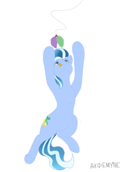 Size: 3200x4500 | Tagged: safe, artist:axidemythe, oc, oc only, oc:sonant bell, earth pony, pony, cat toy, colored, commission, feather, flat colors, jumping, looking at something, looking up, simple background, solo, string, tongue out, toy, white background, ych result