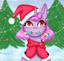 Size: 1200x1145 | Tagged: safe, artist:rafiiis, oc, oc only, pony, unicorn, candy, candy cane, christmas, christmas tree, female, food, hat, holiday, horn, mouth hold, santa hat, snow, solo, tree, unicorn oc, ych example, your character here