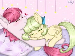 Size: 2309x1732 | Tagged: safe, artist:rafiiis, oc, oc only, earth pony, pegasus, pony, cuddling, duo, eyes closed, female, heart, lesbian, oc x oc, shipping, sleeping