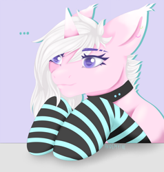 Size: 3800x4000 | Tagged: safe, artist:axidemythe, oc, oc only, oc:cotton acid, pony, unicorn, choker, clothes, collar, ear piercing, earring, jewelry, looking away, piercing, simple background, socks, solo, striped socks