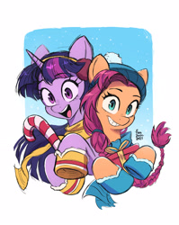 Size: 2480x3112 | Tagged: safe, artist:fanzeem, sunny starscout, twilight sparkle, alicorn, earth pony, pony, g5, my little pony: a new generation, beanie, braid, bust, candy, candy cane, clothes, duo, duo female, earmuffs, female, food, grin, happy, hat, high res, hoof boots, looking at you, mare, open mouth, open smile, present, scarf, smiling, sunny and her heroine, twilight sparkle (alicorn), winter outfit