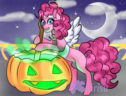 Size: 1019x784 | Tagged: safe, artist:kanimay, pinkie pie, earth pony, pony, g4, crescent moon, fake wings, female, halloween, holiday, jack-o-lantern, moon, pumpkin, solo