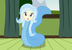 Size: 3300x2324 | Tagged: safe, artist:badumsquish, derpibooru exclusive, trixie, monster girl, original species, snake, equestria girls, g4, curtains, female, happy, high res, human head, looking at you, monster, mountain, open mouth, open smile, smiling, smiling at you, solo, species swap, wat, window