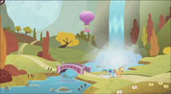 Size: 1632x902 | Tagged: safe, screencap, applejack, pinkie pie, rainbow dash, spike, dragon, earth pony, pegasus, pony, fall weather friends, g4, season 1, autumn, bridge, female, group, hill, hot air balloon, male, quartet, river, running of the leaves, scenery, tree, twinkling balloon, waterfall, wingless spike