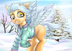 Size: 1754x1240 | Tagged: safe, artist:leastways, oc, oc only, pegasus, pony, clothes, commission, ear piercing, earring, freckles, jacket, jewelry, missing cutie mark, piercing, scenery, snow, solo, tree, windswept mane, wings, winter, winter outfit, ych result