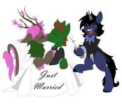 Size: 2500x2160 | Tagged: safe, artist:brainiac, oc, oc only, oc:aggressor, oc:brush stroke, earth pony, kirin, pony, unicorn, 2022 community collab, derpibooru community collaboration, alcohol, champagne, female, high res, just married, kiss on the lips, kissing, male, mare, simple background, stallion, transparent background, wine