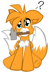 Size: 2869x4140 | Tagged: safe, artist:aerithechidna4rt, fox, fox pony, hybrid, pegasus, pony, cheek fluff, chest fluff, countershading, cute, fangs, fluffy, hammer, looking at you, male, miles "tails" prower, mouth hold, multiple tails, ponified, question mark, simple background, sitting, sonic the hedgehog (series), tail, teeth, transparent background, two tails