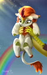 Size: 1800x2851 | Tagged: safe, artist:darksly, autumn blaze, discord, draconequus, kirin, pony, g4, autumn blaze is not amused, awwtumn blaze, cute, disney, duo, female, frown, funny, high res, holding a kirin, holding a pony, male, movie reference, offscreen character, ponified scene, rainbow, solo focus, the lion king, this will end in fire, this will end in nirik, unamused