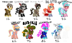 Size: 7500x4506 | Tagged: safe, artist:skunk bunk, oc, oc only, oc:backseat bingo, oc:bad trip, oc:bangtail baby, oc:dismal dust, oc:electric slide, oc:rug cutter, oc:too cool, oc:trench hoof, oc:wipe out, earth pony, pony, '90s, 10s, 1910s, 1920s, 1930s, 1940s, 1950s, 1960s, 1970s, 20s, 30s, 40s, 50s, 60s, 70s, 80s, absurd resolution, afro, apron, art deco, bandage, beach babe, bedroom eyes, belt, bikini, bow, clothes, diner uniform, dreamworks face, dress, dust, dustbowl, ear piercing, earring, earth pony oc, evening gloves, eyelashes, eyeshadow, fashion, fatigues, feather, female, flapper, flower, flower in hair, frown, gloves, great depression, grin, helmet, high, hippie, historic, history, jeans, jewelry, leg warmers, leg wraps, lipstick, long gloves, makeup, mare, modern art, musician, necklace, old fashioned, pants, peace symbol, pearl, pearl necklace, piercing, poor, pouch, ptsd, roller skates, sad, sandals, scar, scarf, sequins, shocked, shocked expression, simple background, smiley face, smiling, smug, soldier, sultry, sunglasses, swimsuit, vaporwave, waitress, wall of tags, war, white background, world war i