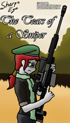 Size: 986x1735 | Tagged: safe, artist:jrapcdaikari, oc, oc only, oc:sharps eye, equestria girls, g4, ax-50, beret, female, gun, hat, rifle, sniper rifle, solo, weapon