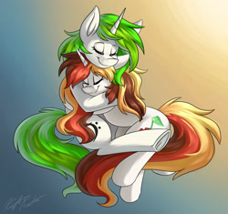 Size: 2550x2400 | Tagged: safe, artist:kaylerustone, oc, oc only, oc:scarlet serenade, oc:vinyl mix, pony, unicorn, couple, cuddling, eyes closed, gradient background, high res, hug, relaxing, scarletmix, shipping, smiling, underhoof