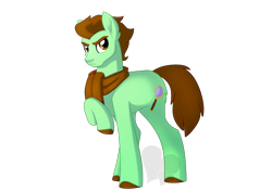 Size: 1280x900 | Tagged: safe, artist:faith-wolff, oc, oc only, oc:chocolate mint, earth pony, pony, clothes, earth pony oc, eyebrows, frown, looking at you, magnifying glass, male, raised hoof, scarf, simple background, solo, stallion, transparent background