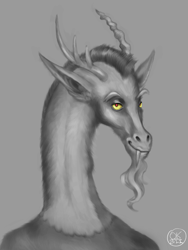 Size: 1200x1600 | Tagged: safe, artist:socialgutbrain777, discord, draconequus, g4, antlers, beard, facial hair, gray background, long neck, looking at you, male, monochrome, realistic, red eyes, signature, simple background, smiling, smiling at you, solo, yellow eyes