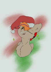 Size: 679x960 | Tagged: safe, artist:pufflu, oc, oc only, oc:fededash, christmas, happy, happy new year, hat, holiday, looking at you, one eye closed, santa hat, solo, wink, winking at you