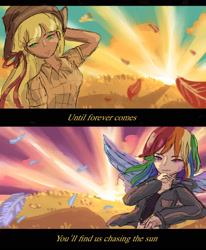 Size: 1280x1555 | Tagged: safe, artist:snowzaaah, applejack, rainbow dash, human, g4, feather, female, humanized, lesbian, lyrics, scenery, ship:appledash, shipping, song reference, text, winged humanization, wings