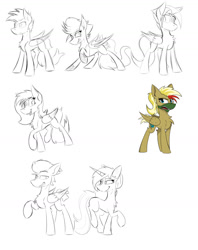 Size: 1280x1617 | Tagged: safe, artist:dangercloseart, oc, oc only, oc:crimson typhoon, oc:dive siren, oc:kitty hawk, oc:messerschmitt, bat pony, pegasus, pony, unicorn, comic:wings of fire, angry, female, frown, happy, male, mare, mask, simple background, sketch, smiling, stallion, white background