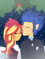 Size: 1280x1649 | Tagged: safe, artist:purplepotato04, flash sentry, sunset shimmer, equestria girls, g4, female, male, mistletoe, obtrusive watermark, ship:flashimmer, shipping, straight, watermark