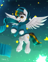 Size: 1631x2100 | Tagged: safe, artist:darksly, oc, oc only, pegasus, pony, clothes, cloven hooves, flying, open mouth, pegasus oc, raffle winner, solo
