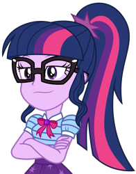 Size: 2213x2828 | Tagged: safe, artist:sketchmcreations, sci-twi, twilight sparkle, equestria girls, equestria girls series, g4, holidays unwrapped, the cider louse fools, spoiler:eqg series (season 2), :s, crossed arms, female, geode of telekinesis, glasses, high res, lidded eyes, magical geodes, ponytail, simple background, smiling, smirk, smug, solo, transparent background, vector, wavy mouth