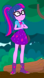 Size: 576x1024 | Tagged: safe, edit, sci-twi, twilight sparkle, equestria girls, g4, my little pony equestria girls: better together, stressed in show, stressed in show: fluttershy, boots, clothes, glasses, log, mud, mud edit, muddy, ponytail, shoes, skirt