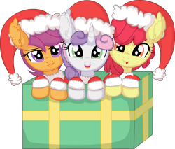 Size: 7764x6623 | Tagged: safe, artist:cyanlightning, apple bloom, scootaloo, sweetie belle, earth pony, pegasus, pony, unicorn, .svg available, :p, absurd resolution, box, christmas, clothes, costume, cutie mark crusaders, ear fluff, female, filly, foal, grin, hat, holiday, lidded eyes, lip bite, looking at you, open mouth, open smile, pony in a box, present, santa costume, santa hat, simple background, smiling, smiling at you, tongue out, transparent background, trio, trio female, vector