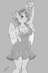 Size: 1000x1500 | Tagged: safe, artist:mrscurlystyles, pipp petals, pegasus, anthro, g5, my little pony: a new generation, breasts, busty pipp petals, cellphone, cleavage, clothes, dress, female, grayscale, headband, monochrome, one eye closed, phone, selfie, sketch, smiling, solo, sparkles, spread wings, wings, wink