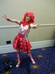 Size: 1548x2066 | Tagged: safe, artist:rjth, pinkie pie, human, g4, boots, clothes, converse, cosplay, costume, cutie mark on clothes, irl, irl human, katsucon, katsucon 2013, knee-high boots, peace sign, photo, shoes, sneakers, solo
