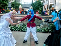 Size: 2048x1536 | Tagged: safe, artist:rjth, princess cadance, queen chrysalis, shining armor, human, g4, clothes, cosplay, costume, gloves, irl, irl human, katsucon, katsucon 2013, long gloves, photo