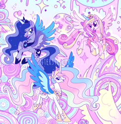 Size: 3580x3664 | Tagged: safe, artist:interstellar-quartz, princess cadance, princess celestia, princess luna, alicorn, pony, g4, alternate design, base used, coloring page, concave belly, high res, royal sisters, siblings, sisters, slender, smiling, spread wings, thin, wings