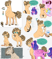 Size: 4000x4500 | Tagged: safe, artist:theartfox2468, oc, oc:echinacea, oc:estella sparkle, oc:polaris star, oc:rocky road, alicorn, earth pony, pony, unicorn, age progression, baby, baby pony, bisexual, blushing, chest fluff, colt, crystal horn, dialogue, female, foal, glasses, hair over eyes, horn, male, mare, offspring, parent:cheese sandwich, parent:flash sentry, parent:pinkie pie, parent:prince blueblood, parent:trixie, parent:twilight sparkle, parents:bluetrix, parents:cheesepie, parents:flashlight, peanuts, simple background, sniffing, speech bubble, stallion, white background