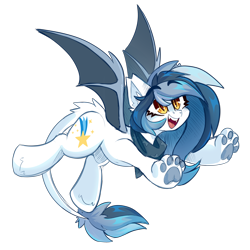 Size: 2000x2000 | Tagged: safe, artist:star-theft, oc, oc:cobalt comet, bat pony, hippogriff, hybrid, original species, pony, 2022 community collab, derpibooru community collaboration, bandana, bat pony oc, bat wings, clothes, ear fluff, fangs, female, flying, happy, high res, leonine tail, long hair, long tail, mare, paw pads, paws, simple background, slit pupils, solo, tail, transparent background, underpaw, wings