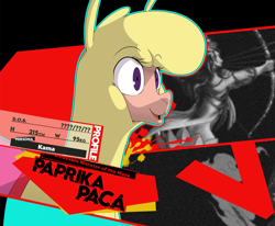 Size: 2323x1917 | Tagged: safe, artist:hitsuji, paprika (tfh), them's fightin' herds, community related, persona, persona 4, persona 4 arena, solo, style emulation, text