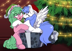 Size: 3507x2481 | Tagged: safe, artist:arctic-fox, oc, oc only, oc:pine berry, oc:snow pup, earth pony, pegasus, pony, box, christmas, female, hat, high res, holiday, kissing, lesbian, pony in a box, present, santa hat, surprise kiss, surprised