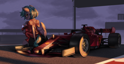 Size: 4124x2137 | Tagged: source needed, safe, artist:theprince, oc, oc only, oc:antimony, pegasus, pony, car, clothes, cloud, eyebrows, eyelashes, female, ferrari, formula 1, helmet, high res, lidded eyes, looking at you, looking back, looking back at you, mare, motorsport, night, outdoors, race track, racecar, racing suit, sitting, sky, smiling, smiling at you, smirk, solo, stars, wings