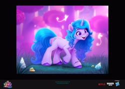 Size: 4096x2896 | Tagged: safe, artist:imalou, boulder media, izzy moonbow, pony, unicorn, g5, my little pony: a new generation, alternate cutie mark, behind the scenes, bridlewood, concept art, cute, forest, gemstones, hasbro, hasbro logo, izzybetes, logo, my little pony logo, netflix logo, smiling, solo