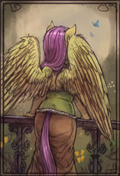 Size: 1504x2200 | Tagged: safe, artist:bantha, fluttershy, pegasus, anthro, g4, back, female, nature, solo, spread wings, wings