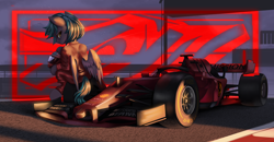 Size: 4124x2137 | Tagged: safe, alternate version, artist:theprince, oc, oc only, oc:antimony, pegasus, pony, car, clothes, cloud, eyebrows, eyelashes, female, ferrari, formula 1, helmet, high res, lidded eyes, looking at you, looking back, looking back at you, mare, motorsport, night, outdoors, race track, racecar, racing suit, sitting, sky, smiling, smiling at you, smirk, solo, stars, wings