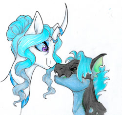 Size: 1094x1024 | Tagged: safe, artist:ask-y, oc, oc only, pony, duo, horn, simple background, smiling, traditional art, white background