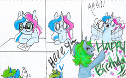 Size: 1673x1044 | Tagged: safe, artist:ask-y, oc, oc only, pony, unicorn, bored, comic, female, glasses, happy birthday, horn, mare, simple background, surprised, traditional art, unicorn oc, white background, white eyes