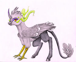Size: 1934x1579 | Tagged: safe, artist:ask-y, oc, oc only, hippogriff, crack ship offspring, curved horn, horn, interspecies offspring, offspring, parent:gilda, parent:king sombra, simple background, solo, sombra eyes, traditional art, white background