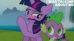 Size: 1920x1080 | Tagged: safe, edit, edited screencap, editor:quoterific, screencap, spike, twilight sparkle, alicorn, dragon, pony, g4, season 6, to where and back again, caption, duo, female, folded wings, green eyes, horn, looking at someone, male, mare, multicolored mane, open mouth, outdoors, purple eyes, text, twilight sparkle (alicorn), wings