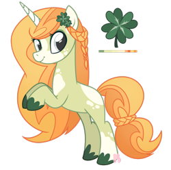 Size: 2460x2437 | Tagged: safe, artist:khimi-chan, oc, oc only, pony, unicorn, braid, clover, high res, horn, rearing, simple background, smiling, transparent background, unicorn oc, unshorn fetlocks