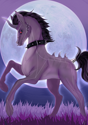 Size: 2100x2982 | Tagged: safe, artist:munrei, oc, oc only, oc:kuroran, pony, unicorn, black sclera, collar, eyebrows, grass, high res, hoers, horn, male, moon, night, nose piercing, nose ring, piercing, realistic horse legs, scar, simple background, solo, spiked collar, stallion, tail, tail wrap, thorn