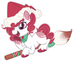 Size: 2034x1697 | Tagged: safe, artist:khimi-chan, oc, oc only, earth pony, pony, broom, christmas, ear piercing, earring, eyelashes, female, flying, flying broomstick, hat, holiday, jewelry, laughing, mare, piercing, santa hat, simple background, transparent background, underhoof
