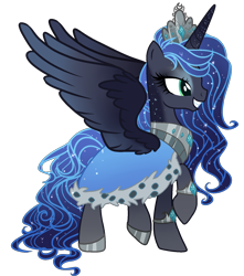 Size: 1500x1700 | Tagged: safe, artist:gihhbloonde, oc, oc only, alicorn, pony, alicorn oc, base used, cloak, clothes, ethereal mane, eyelashes, female, grin, hoof polish, horn, jewelry, mare, offspring, parent:king sombra, parent:princess luna, parents:lumbra, raised hoof, simple background, smiling, starry mane, tiara, transparent background, wings