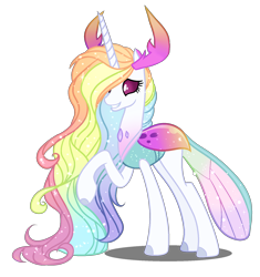 Size: 1600x1700 | Tagged: safe, artist:gihhbloonde, oc, oc only, changedling, changeling, changepony, hybrid, pony, antlers, base used, changedling oc, changeling oc, eyelashes, horn, interspecies offspring, multicolored hair, offspring, parent:princess celestia, parent:thorax, parents:thoralestia, rainbow hair, simple background, solo, transparent background