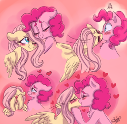 Size: 640x625 | Tagged: safe, artist:wimsiecal, fluttershy, pinkie pie, earth pony, pegasus, pony, g4, blushing, cute, daaaaaaaaaaaw, diapinkes, duo, duo female, female, heart, hooves on face, kiss on the lips, kissing, lesbian, love, mare, ship:flutterpie, shipping, shyabetes, surprised