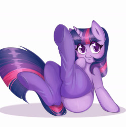Size: 1280x1286 | Tagged: safe, artist:pecherpa, twilight sparkle, pony, unicorn, g4, blushing, butt, clothes, cute, female, human shoulders, looking at you, mare, plot, simple background, smiling, socks, solo, stockings, thigh highs, twiabetes, twibutt, unicorn twilight, white background
