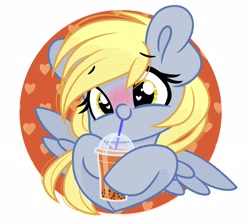 Size: 2048x1826 | Tagged: safe, artist:emberslament, derpy hooves, pegasus, pony, g4, blushing, bubble tea, cute, derpabetes, drink, heart, heart eyes, simple background, smiling, solo, spread wings, white background, wingding eyes, wings
